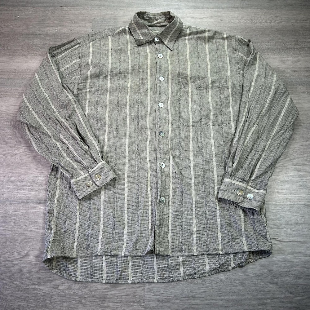 Jack Lipson Signature Shirt Mens Medium Gray Stripe Linen Blend Button Front